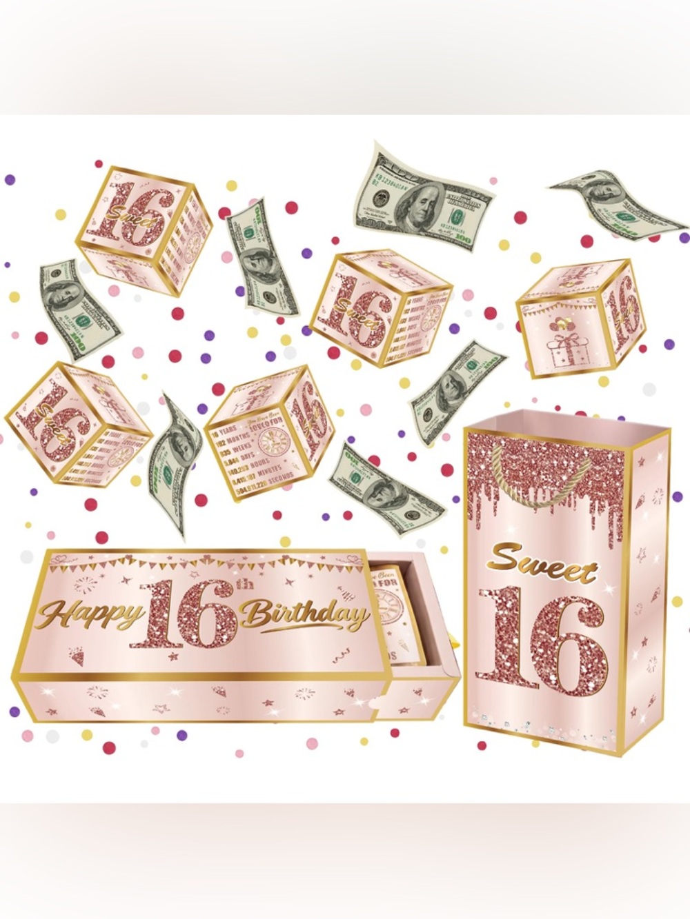 Sweet 16th Birthday Pop Up Money Explosion Box, Surprise Cash Gift w/ Confetti